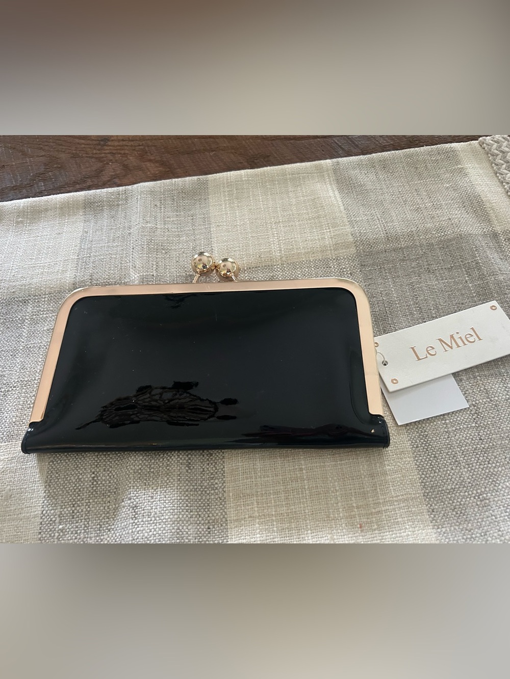 Le Miel Black Patent Clutch Purse with Gold Trim Removable Gold Chain Strap
